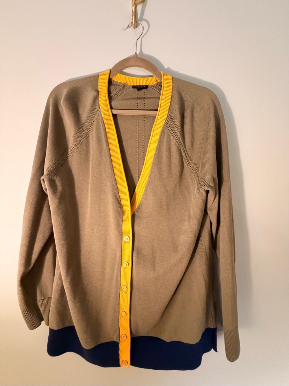 Talbots Colorblock Cardigan Olive Navy Mustard Yellow V Neck Size L